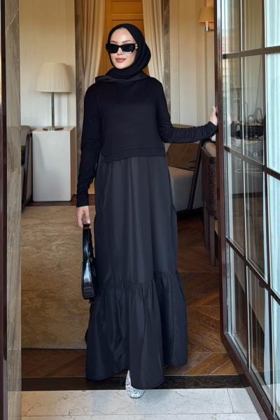 Kapüşonlu Paraşüt İki İplik Siyah Elbise