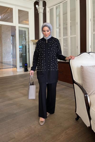 İnci detay ikili takım siyah