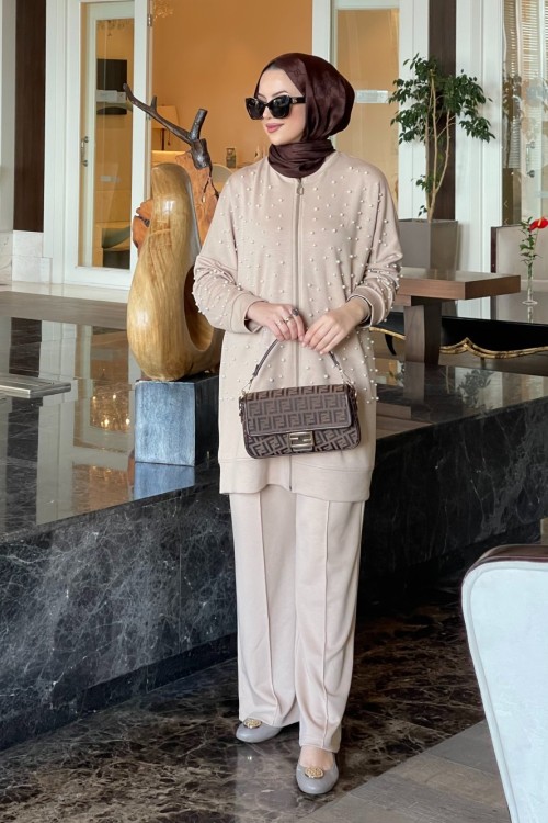 İnci detay ikili takım krem