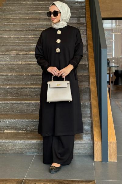 Golden düğme detay ikili takım siyah