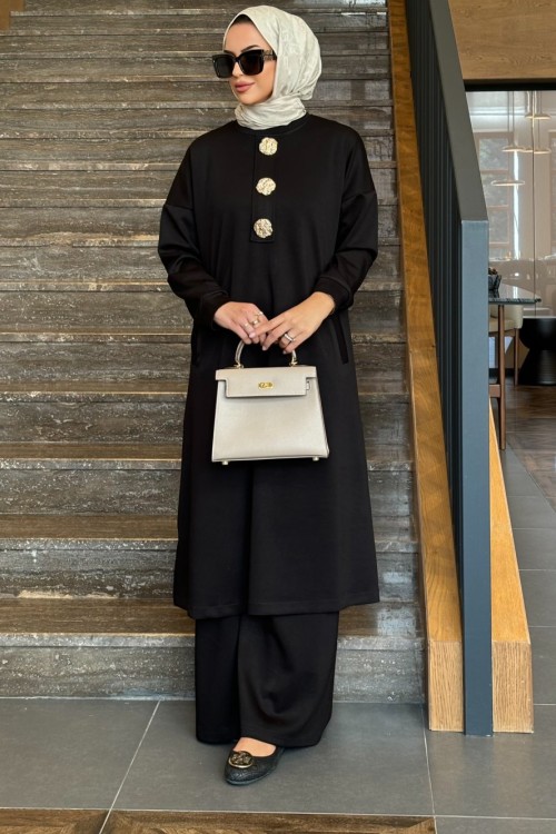 Golden düğme detay ikili takım siyah