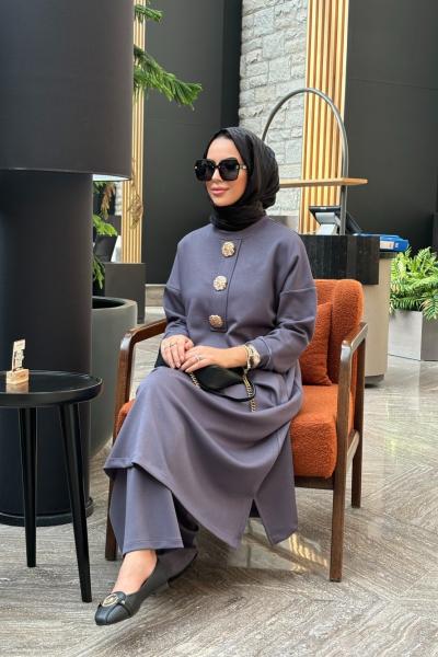 Golden düğme detay ikili takım gri