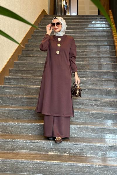 Golden düğme detay  ikili takım acı kahve