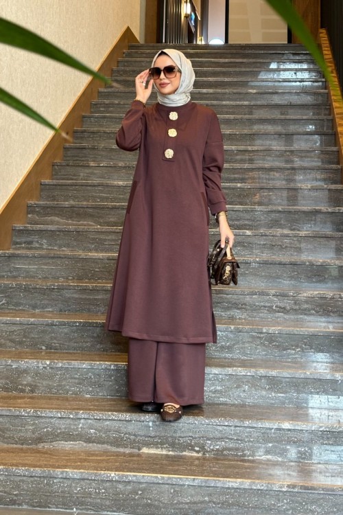 Golden düğme detay  ikili takım acı kahve