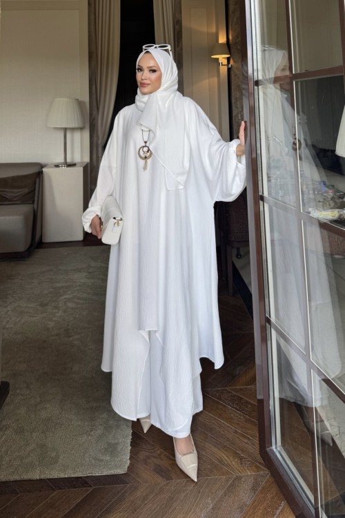 UMRE TAKIM BEYAZ ( şal,tunik,pantolon,içlik,kolye seti)