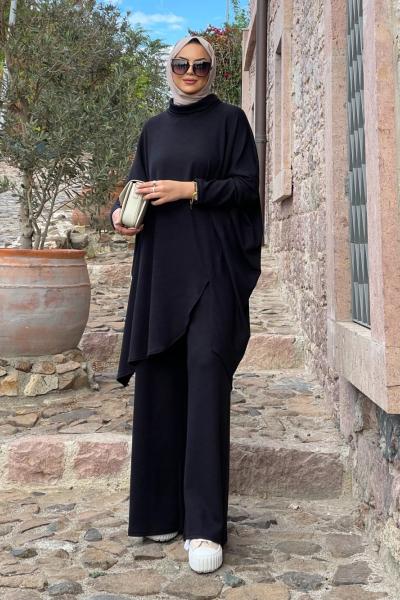 Burgu desen asimetrik kesim tunik -pantolon takım siyah