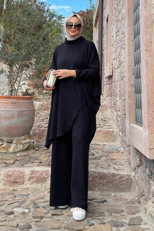 Burgu desen asimetrik kesim tunik pantolon takım siyah