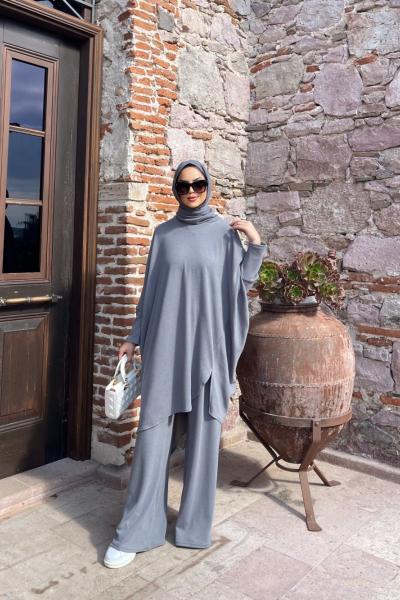 Burgu desen asimetrik kesim tunik -pantolon takım gri