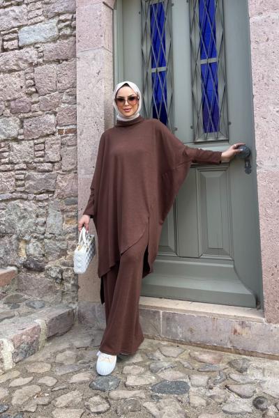 Burgu desen asimetrik kesim tunik -pantolon takım kahverengi