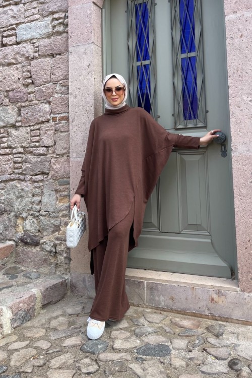 Burgu desen asimetrik kesim tunik pantolon takım kahverengi