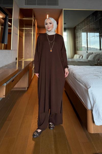 Triko ikili takım kahve