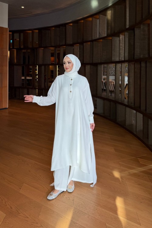 Zeyna Düğme Detay İkili Takım beyaz