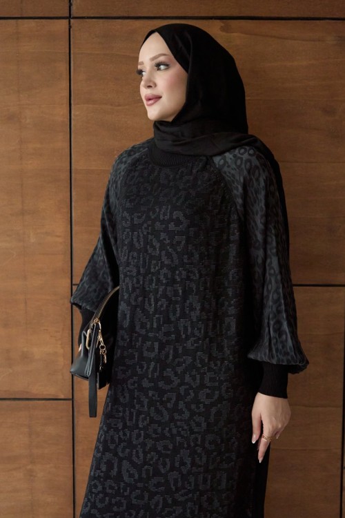 Leopar Desenli Merserize Triko  Elbise siyah