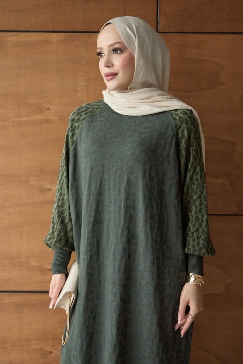 Leopar Desenli Merserize Triko  Elbise yeşil