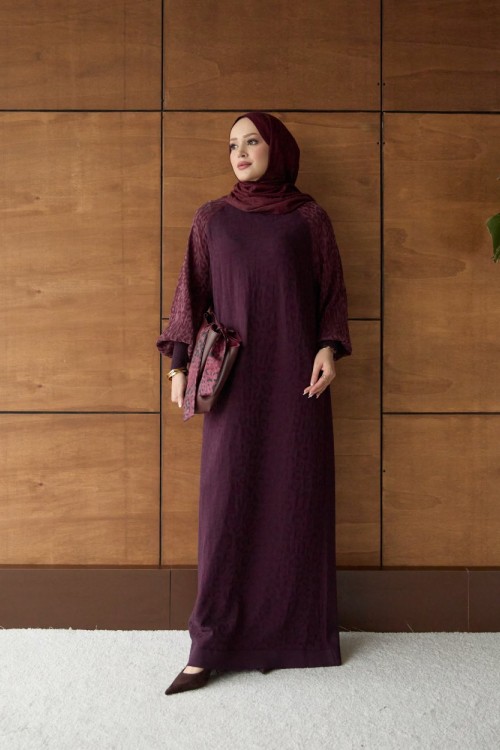 Leopar Desenli Merserize Triko  Elbise Bordo