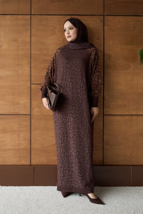 Leopar Desenli Merserize Triko  Elbise acı kahve