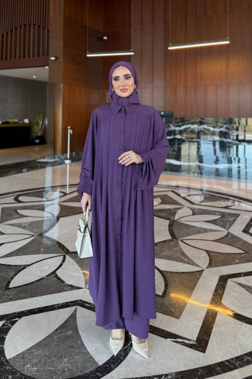 Liora Piliseli Tunik - Pantolon Takım Mürdüm