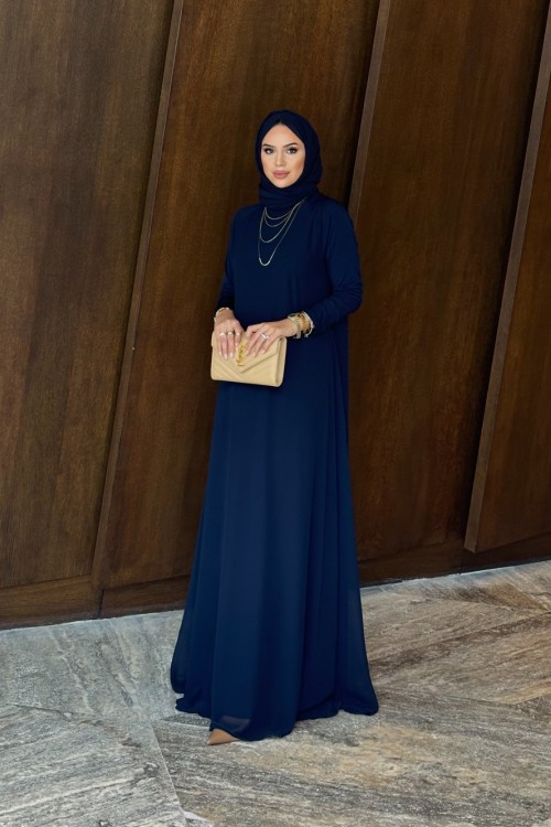 Şifon Detay Bahar Elbise Lacivert
