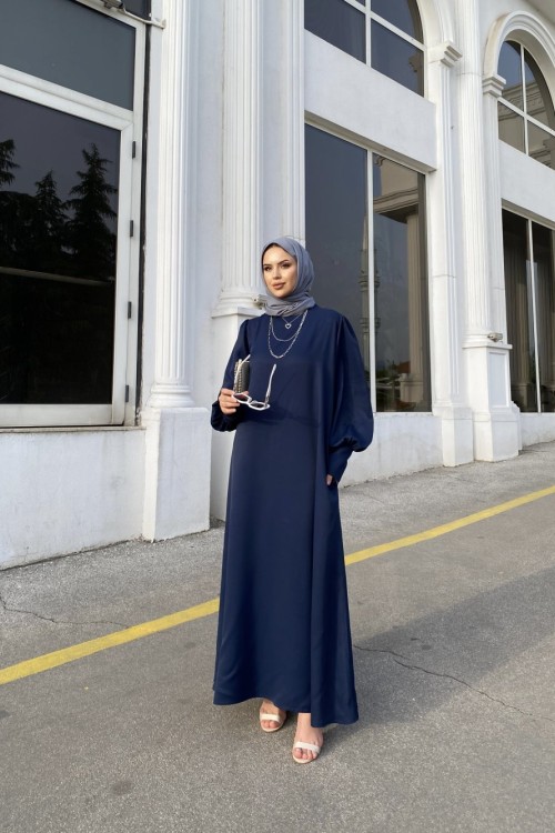 Balon Kol Elbise Lacivert