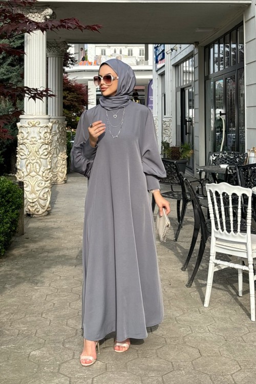 Balon Kol Elbise Gri